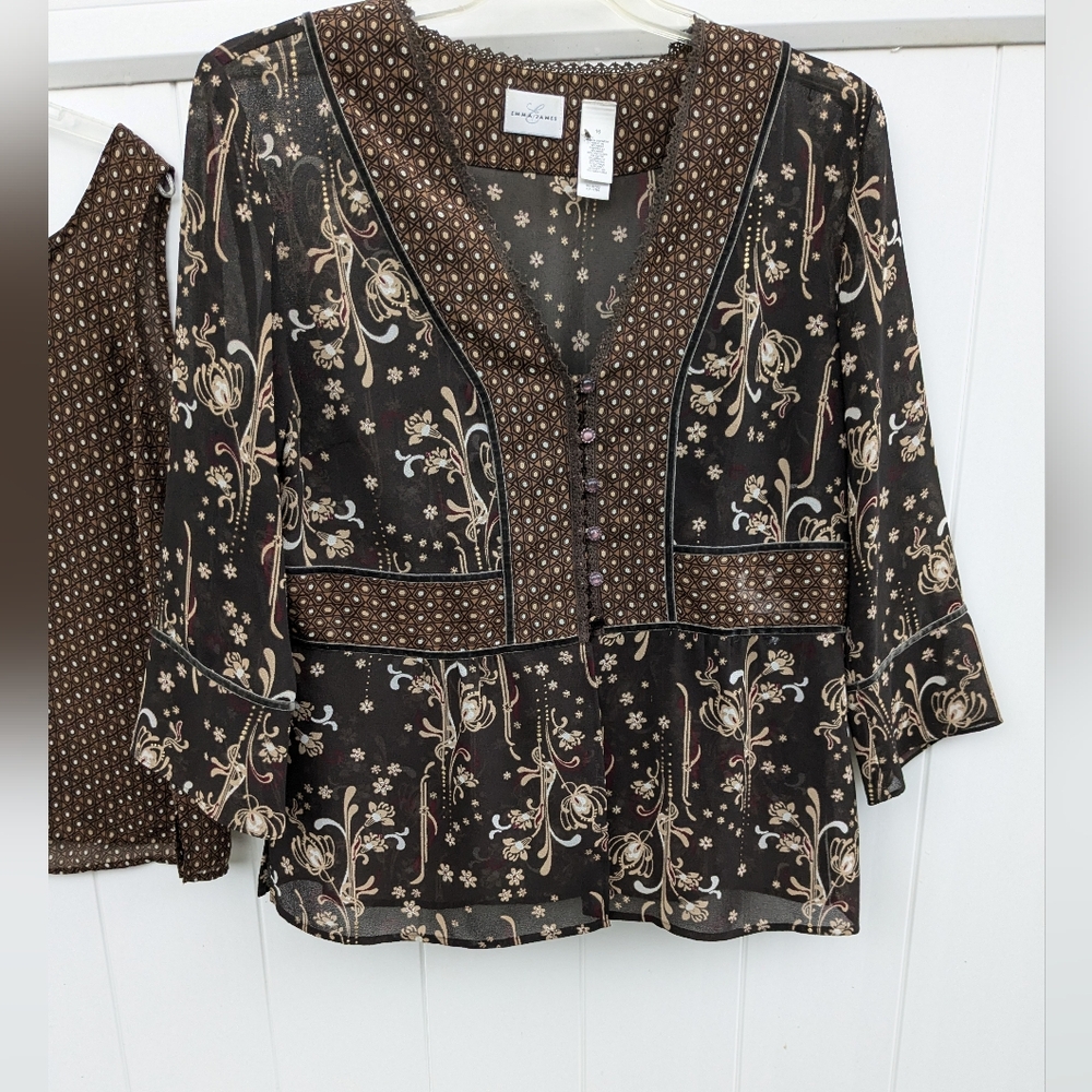 2 Pieces Emma James Blouse & Tank Set Brown Floral Size 16 Business or Dress EUC - Picture 2 of 12
